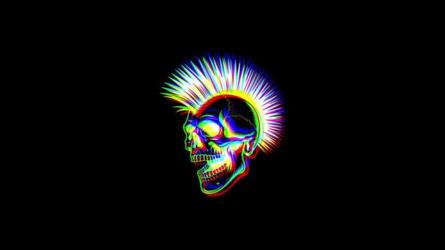 Animated punk skull with a vibrant mohawk featuring a digital glitch effect, chromatic aberration, and RGB color shifts on a solid black background.