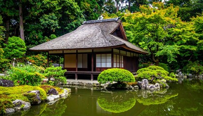 Obraz premium Thatched-roof hut, nestled in verdant foliage reflected in pond waters, exudes serene tranquility