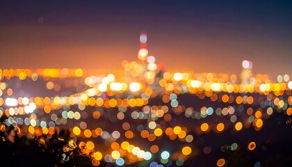 オレンジと白の光が広がる都市夜景のぼかしボケ背景