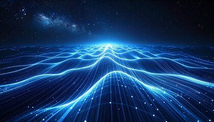 青白い光の線がメッシュ状ネットワークパターンに広がるデジタル空間の背景