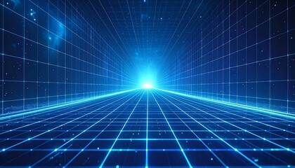青いグリッドラインが遠くへ消える透視図法のサイバースペース背景