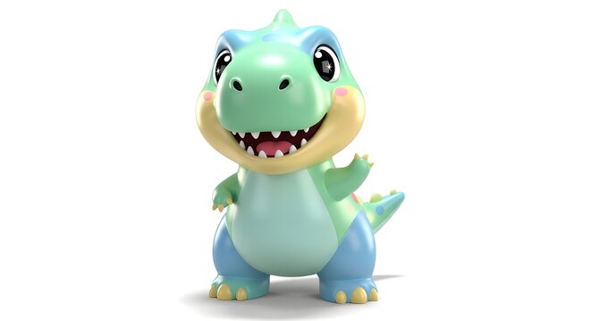 Friendly 3D Blue Dinosaur Character Waving Hand Isolated on White