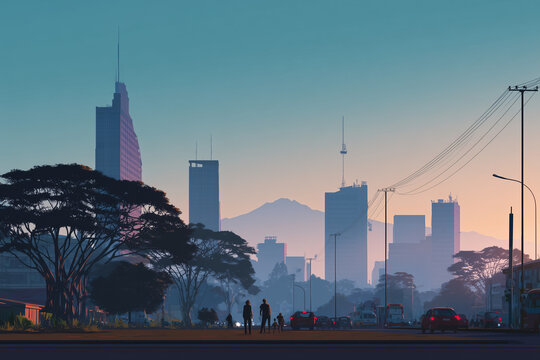 Nairobi skyline colorful sunset illustration silhouette , modern skyscrapers and business district, Mount Kenya in distant background,