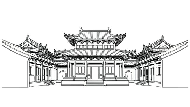 Detailed architectural drawing of a traditional Asian temple with ornate roofs and a central entrance on a white background.