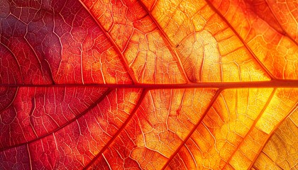 透過光に照らされた紅葉の葉脈が赤からオレンジのグラデーションで輝くクローズアップ