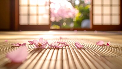 畳の上に散った桜の花びらと障子越しの柔らかな春の光が美しい和の情景
