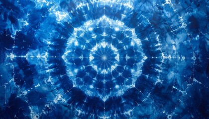 幾何学的なネットワーク模様を描く藍染め絞り染めのオーバーヘッドクローズアップ