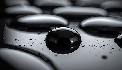 ラグジュアリーな黒い漆器表面に静止した一滴の水滴が光を反射するクローズアップ