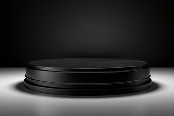 Circular black marble podium standing on a white surface with a dark background