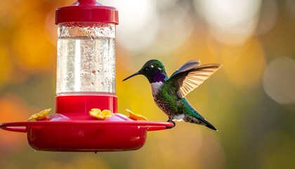 Fototapeta premium Tiny colorful hummingbird perched on a red feeder filled with clear liquid, bokeh background