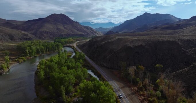 Aerial view of Highway 93 beside winding river between Challis and Salmon Idaho