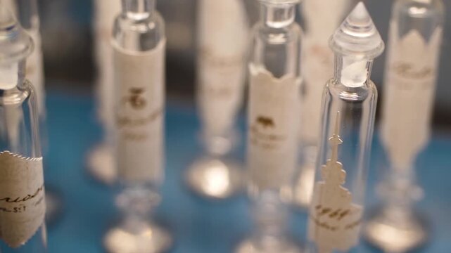 Detailed pan right video of antique laboratory phials with handwritten labels. Empty glass vessels on blue surface in an old pharmacy or chemical research facility with vintage vibe.