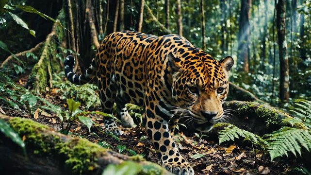 Fierce Jaguar Stalks Through Dense Rainforest Undergrowth