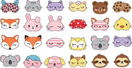 Fototapeta premium Kawaii Sleep Mask and Animal Character Set Featuring Foxes Bunnies Koalas and Sloths