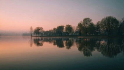 Obraz premium Tranquil Lake Reflection at Sunrise with Misty Trees