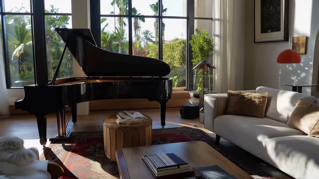 Grand Piano in Luxurious Living Room: A sleek, ebony grand piano takes center stage in a sun-drenched, high-end living room, exuding an air of sophistication and musical excellence.