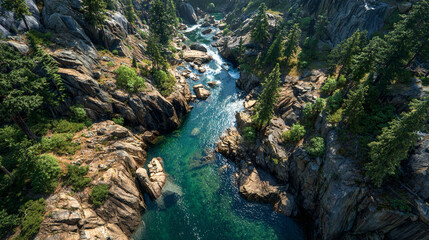 Obraz premium Mountain stream aerial, textured flowing water and rocks, sunlight highlighting ripples, emphasizing alpine textures, natural patterns, and forested landscape.