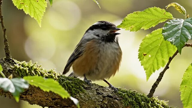 Cute chickadee singing on mossy tree branch in forest