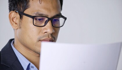黒縁眼鏡をかけた男性ビジネスパーソンが書類を真剣に読み込む横顔のクローズアップ
