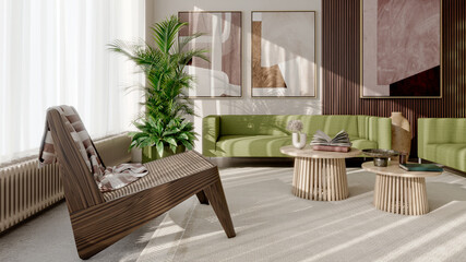 Naklejka premium Large luxury modern bright interiors Living room mockup illustration 3D rendering Generated Color Image