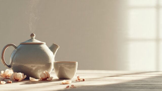 Serene Tea Still Life with Steaming Ceramic Pot and Cup