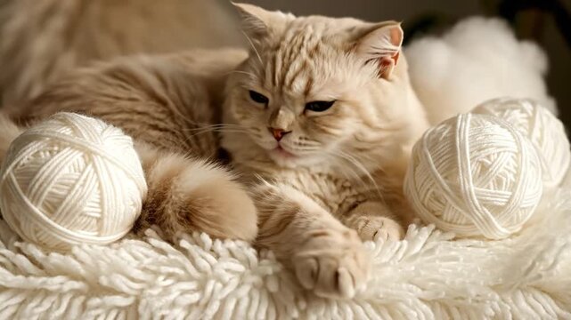 Cute domestic cat sleeping on a fluffy blanket with yarn