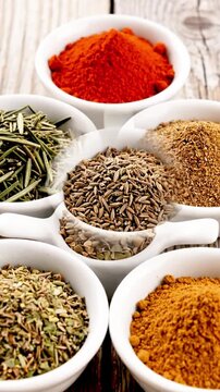 Assortment of vibrant spices and herbs in white ceramic bowls arranged on a rustic wooden surface showcasing culinary ingredients for cooking and food photography