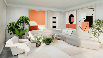 Naklejka premium Large luxury modern bright interiors Living room mockup illustration 3D rendering Generated Color Image