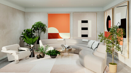 Naklejka premium Large luxury modern bright interiors Living room mockup illustration 3D rendering Generated Color Image