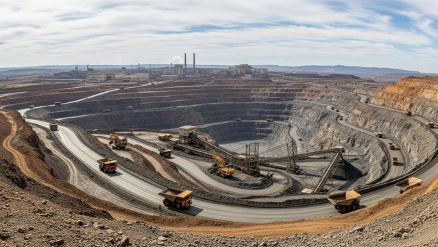 Expansive Open Pit Mine with Heavy Machinery and Trucks.