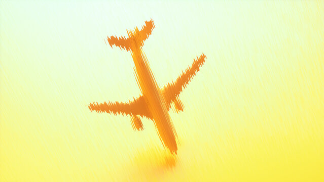 Creative abstract illustration of an airplane silhouette formed with dynamic brush strokes on a vibrant gradient background modern aviation concept.  