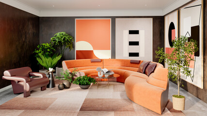 Naklejka premium Large luxury modern bright interiors Living room mockup illustration 3D rendering Generated Color Image