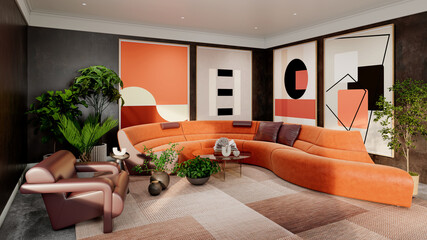 Naklejka premium Large luxury modern bright interiors Living room mockup illustration 3D rendering Generated Color Image