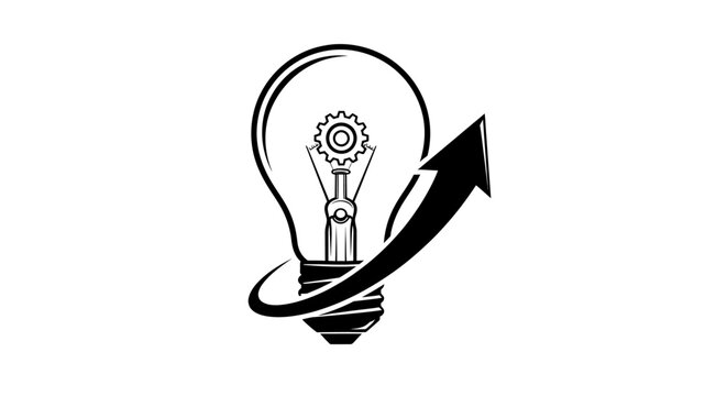 Black and white illustration of a light bulb with a gear inside, encircled by an upward-pointing arrow symbolizing innovation, progress, and mechanical ideas.