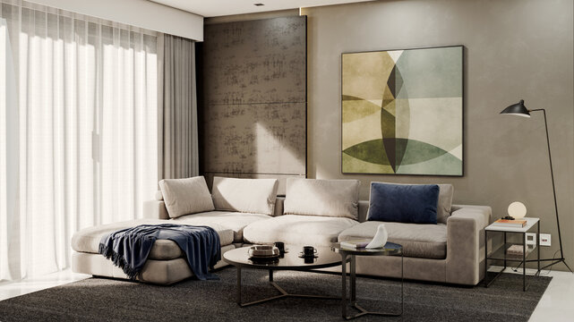 Large luxury modern bright interiors Living room mockup illustration 3D rendering Generated Color Image