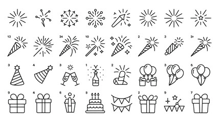Fototapeta premium celebration line icons set vector fireworks and party symbols, new year and birthday sparklers, festive firecracker salute linear outline design, holiday anniversary pictogram, decorative emblem for r