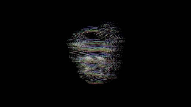 Animated skull wearing a newsboy flat cap while smoking a cigarette with a vibrant digital glitch effect, chromatic aberration, and RGB shifts on a black background.