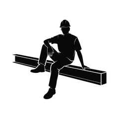 Fototapeta premium Construction worker sitting on steel beam wearing hard hat resting during work break in industrial setting with white background