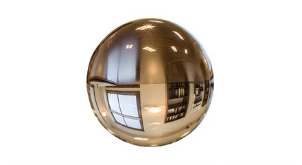 Fototapeta premium Modern office interior reflected in metallic sphere with bright lighting