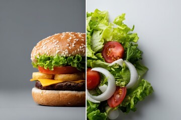 Contrast between fresh salad and unhealthy meal on neutral background. Diet and lifestyle choice concept.