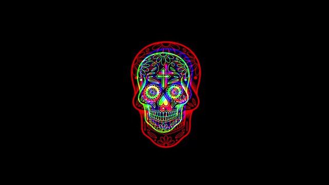 Intricately detailed sugar skull with ornate floral patterns and a small cross on the forehead, featuring a vibrant digital glitch effect on a solid black background.