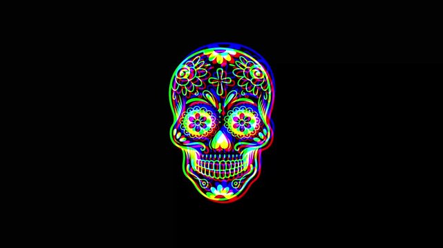 Intricately detailed sugar skull with ornate floral patterns and a small cross on the forehead, featuring a vibrant digital glitch effect on a solid black background.