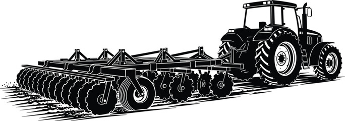 Agricultural tractor pulling disc harrow cultivating soil on farmland rural farming machinery black vector illustration isolated on white © Polash