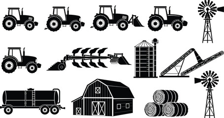 Agriculture farming equipment silhouettes with tractors barn windmill silo plow hay bales and rural farm machinery vector illustration set © Polash