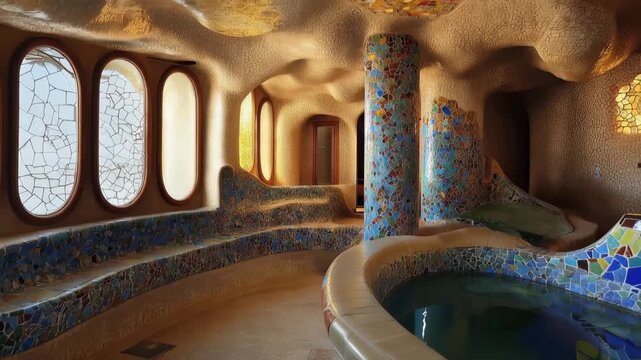 Whimsical Architecture: An interior perspective of a unique architectural masterpiece, showcasing an organic design with soft, flowing lines, intricate mosaic tilework, and ambient lighting.