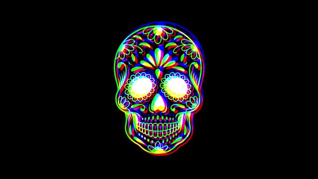 Intricately detailed sugar skull with ornate floral patterns and a small cross on the forehead, featuring a vibrant digital glitch effect on a solid black background.