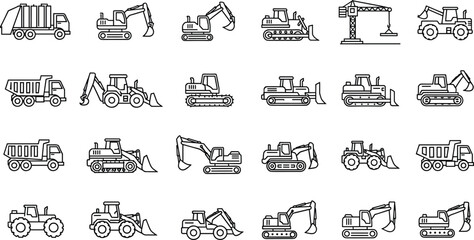Construction machinery line icons set with excavator bulldozer dump truck crane tractor heavy equipment industrial vector illustration collection © Polash