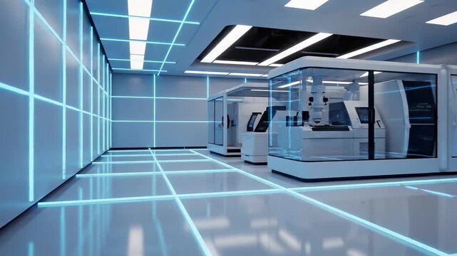 Security Zero Trust concepts. Futuristic Laboratory Interior Zero Trust Security Protocols Advanced Cyber Technology Production Modern Grid Architecture Bright Neon Light Clean Room Facility Data