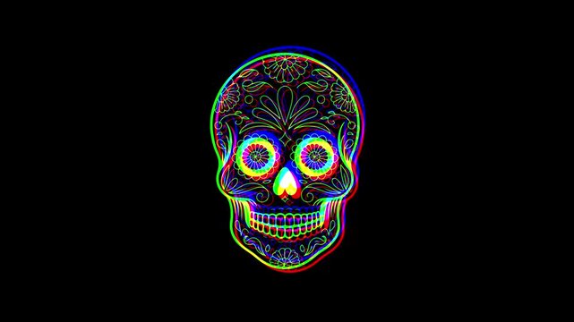 Intricately detailed sugar skull with ornate floral patterns and a small cross on the forehead, featuring a vibrant digital glitch effect on a solid black background.