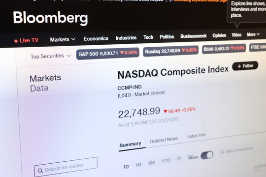 Bloomberg terminal showing economic data and NASDAQ Composite Index for financial market analysis